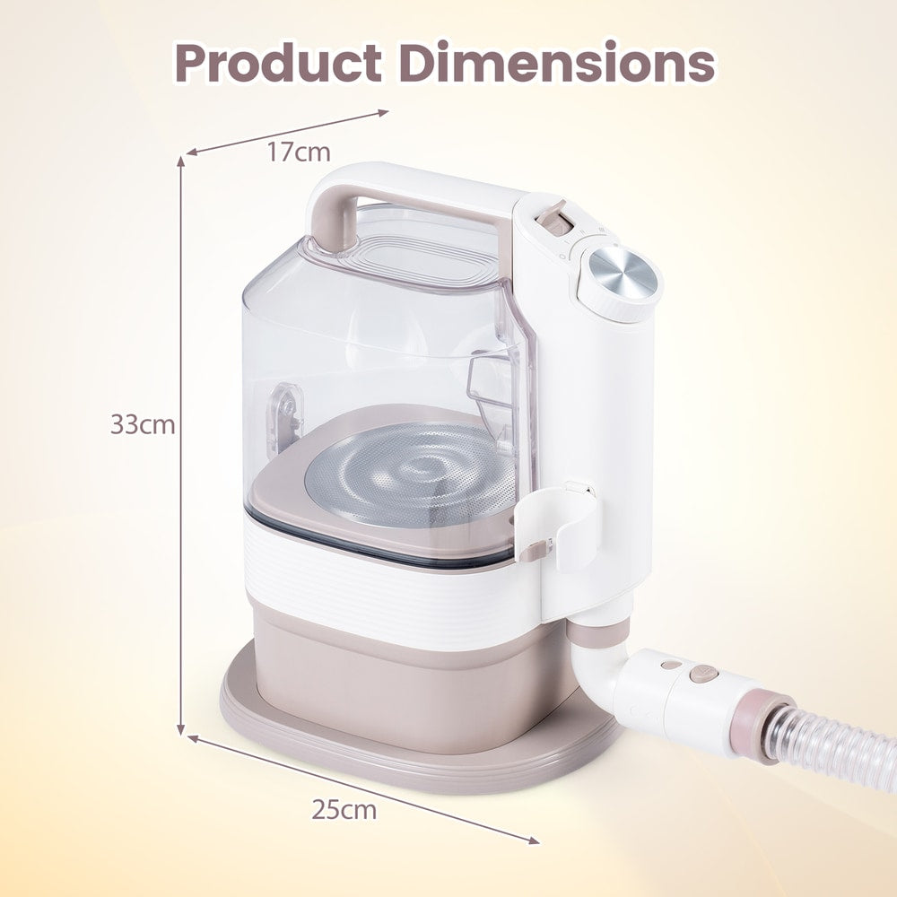 Dimensions of the pet grooming vacuum kit showing height, width, and depth