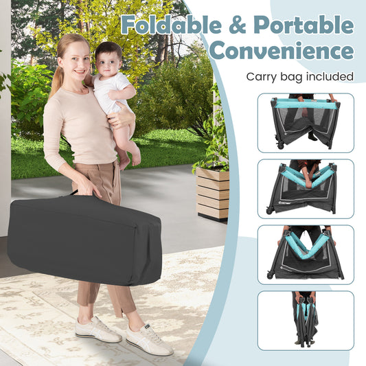 5-in-1 Foldable Pack and Play with Removable Bassinet being carried in a bag by a woman