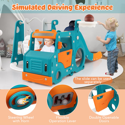 The kids slide and swing set showing the steering wheel and bus doors