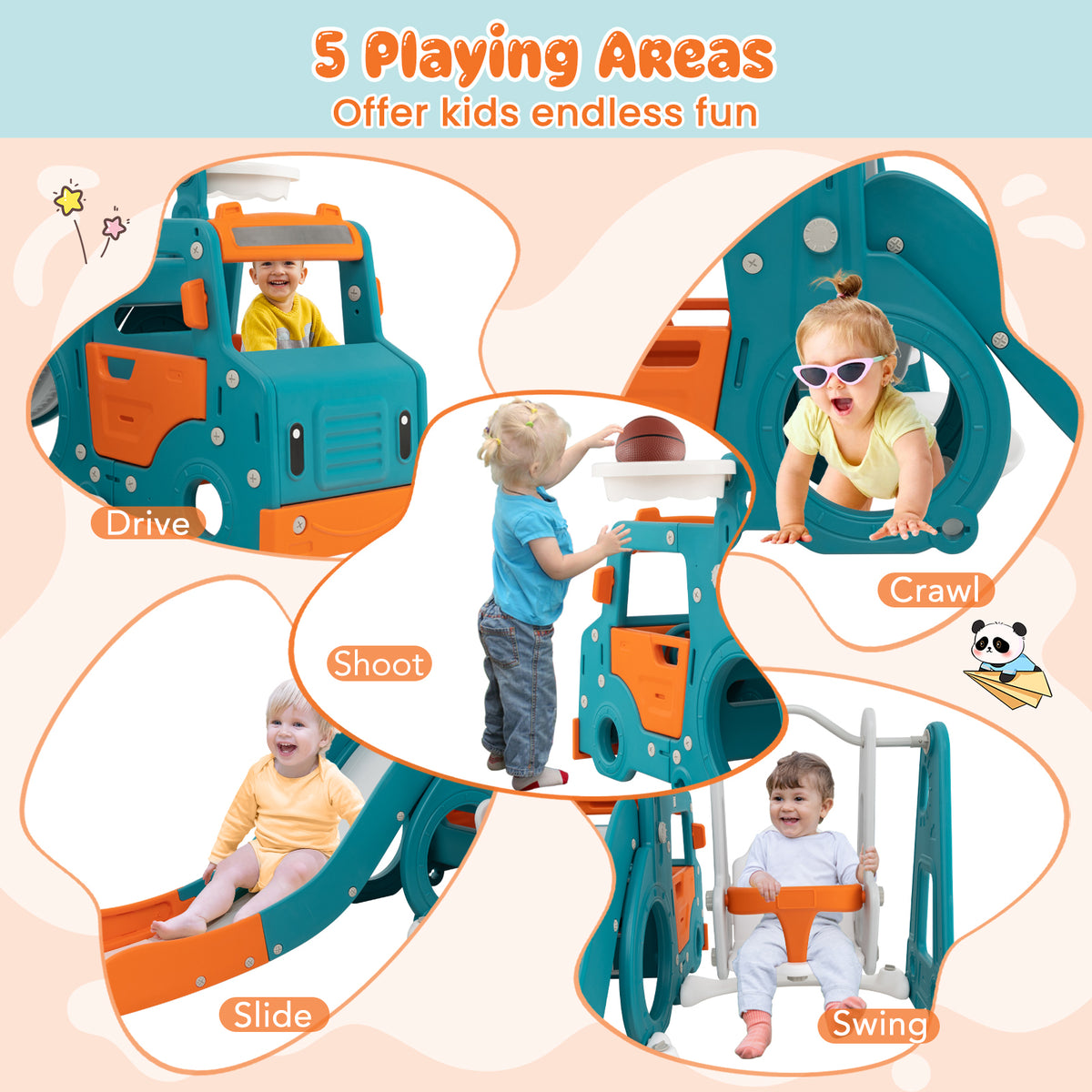 The kids slide and swing set highlighting five different play areas