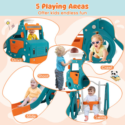 The kids slide and swing set highlighting five different play areas