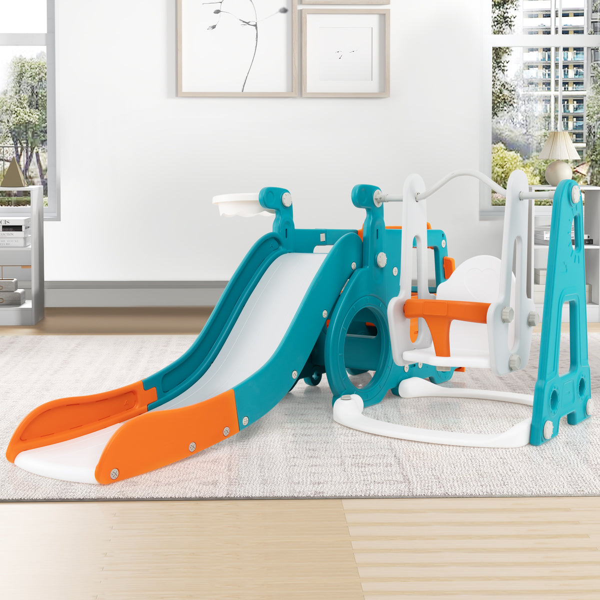 The kids slide and swing set placed on a rug in a bright living room