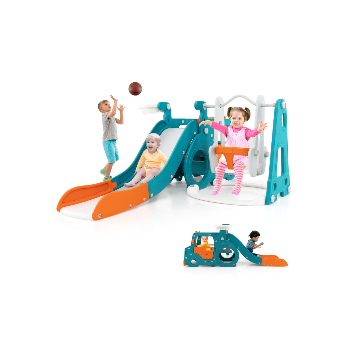 The kids slide and swing set shown with children playing on the equipment