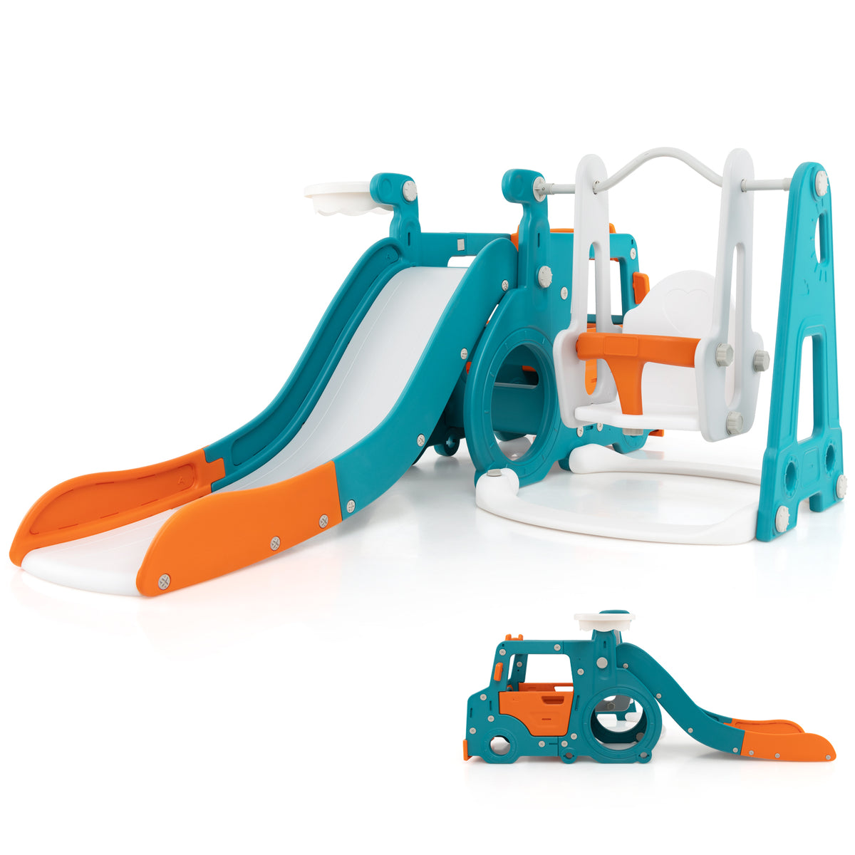 5-in-1 Kids Slide and Swing Set with a mini bus design and basketball hoop