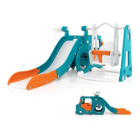 5-in-1 Kids Slide and Swing Set with a mini bus design and basketball hoop