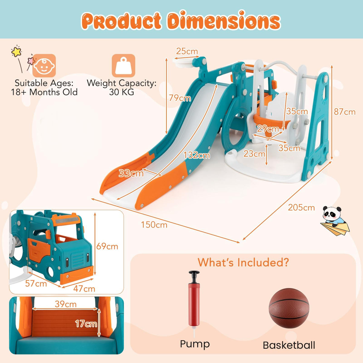 The kids slide and swing set with annotated measurements and accessories