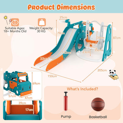 The kids slide and swing set with annotated measurements and accessories
