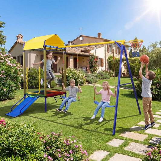 Kids playing on the metal swing stand with trampoline and slide in a garden
