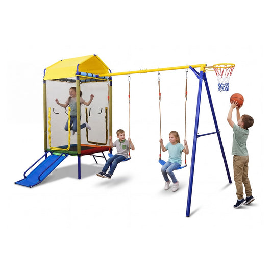 5-in-1 Kids Swing Set with trampoline, slide, basketball hoop and two swings