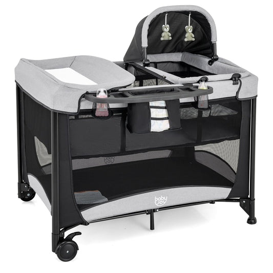 5 in 1 Portable Nursery Center in black with a bassinet and changing table attachment