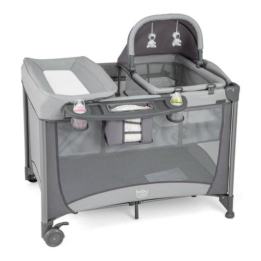 5 in 1 Portable Nursery Center in grey with bassinet and changing table attachments