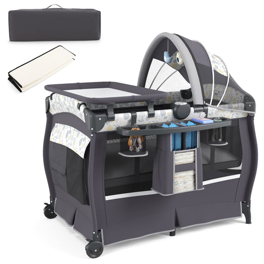 5 in 1 Portable Pack and Play with a changing table, storage organiser, canopy and carry bag