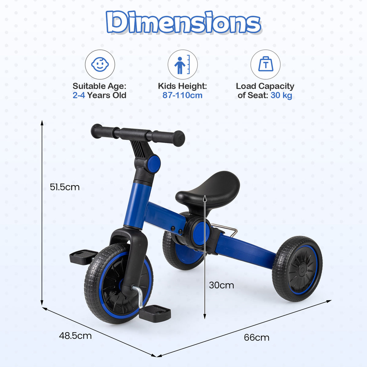 Dimensions diagram for the blue toddler balance bike