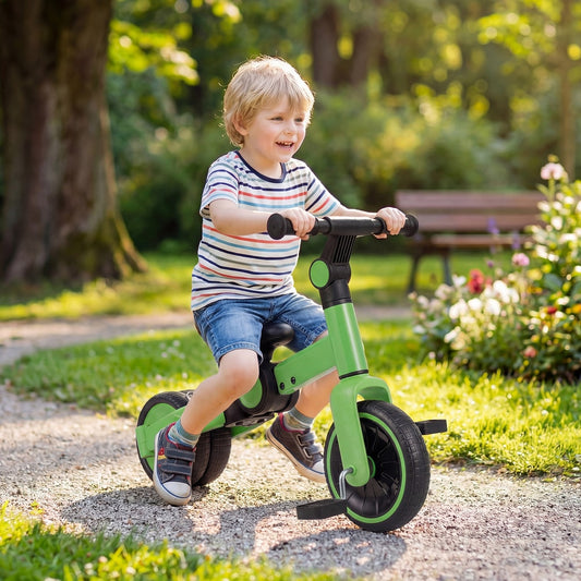 A happy young boy rides the green balance bike in a park on a sunny day