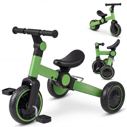 5-In-1 Toddler Bike in green with black accents, shown from the front with two smaller wheels at the back