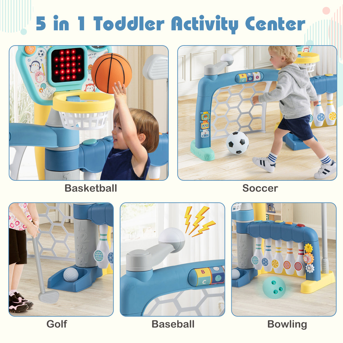 Collage of a toddler playing basketball, soccer, golf, baseball and bowling