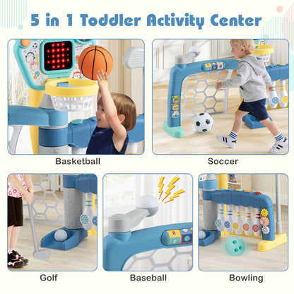 Collage of a toddler playing basketball, soccer, golf, baseball and bowling