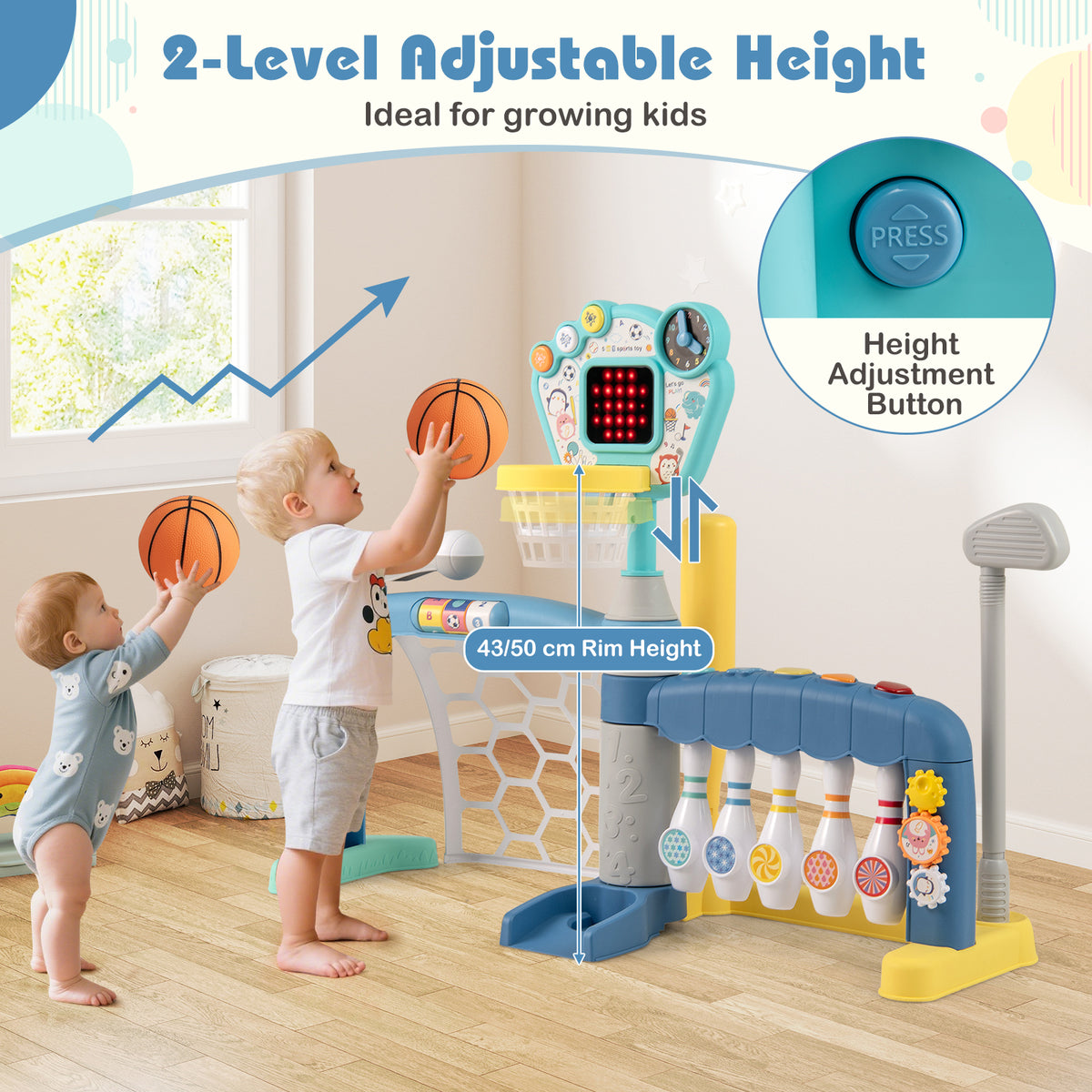 Two children playing with the adjustable height sports toy