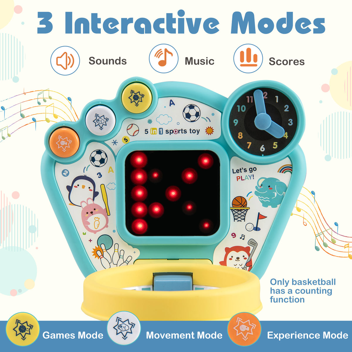 Close up of the interactive modes on the kids sports toy