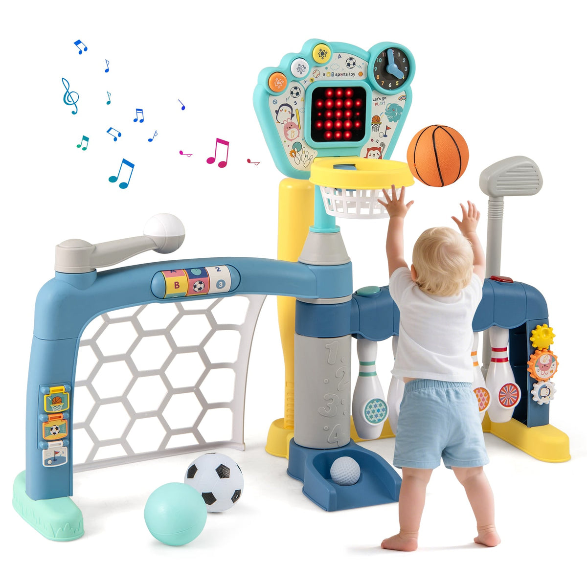 5 in 1 Toddler Sports Toy Kids Activity Center with a child playing basketball