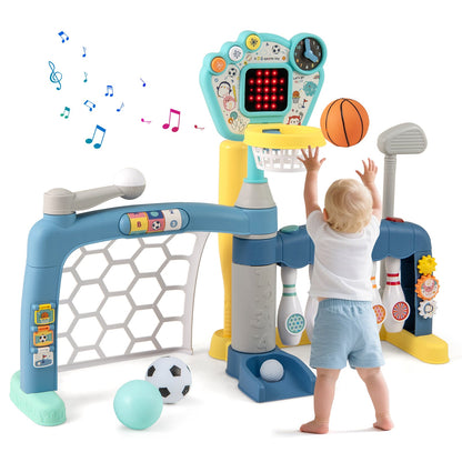 5 in 1 Toddler Sports Toy Kids Activity Center with a child playing basketball