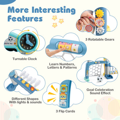 More interesting features of the toddler sports toy including a clock and gears