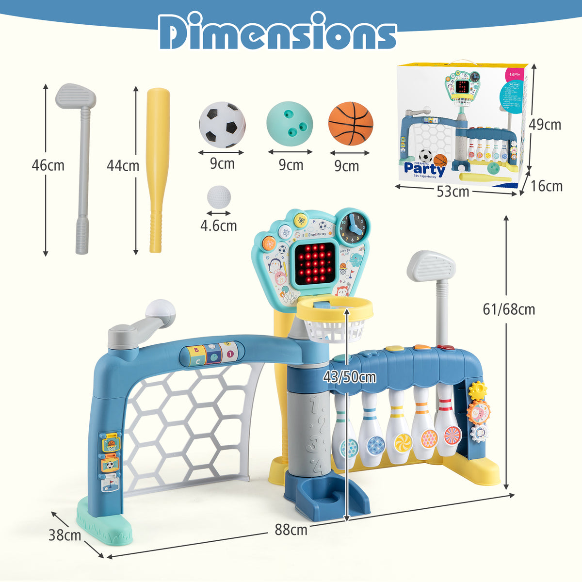 Dimensions of the kids sports toy showing height and width measurements