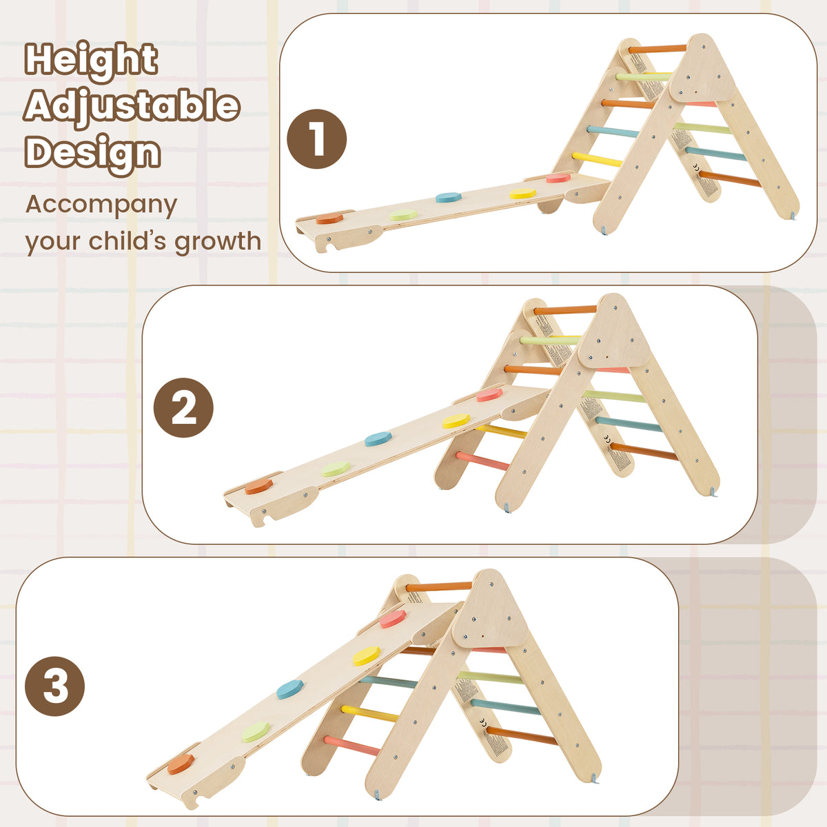 Height adjustable design for the climbing frame and slide