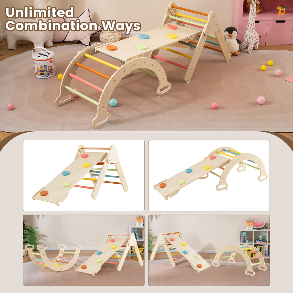 Various combinations of the wooden climbing frame and arch ramp