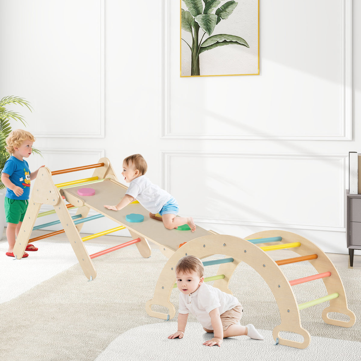 Wooden climbing frame with slide and arch ramp in a living room with children playing