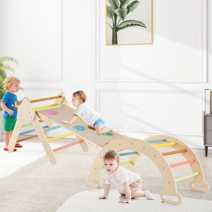 Wooden climbing frame with slide and arch ramp in a living room with children playing