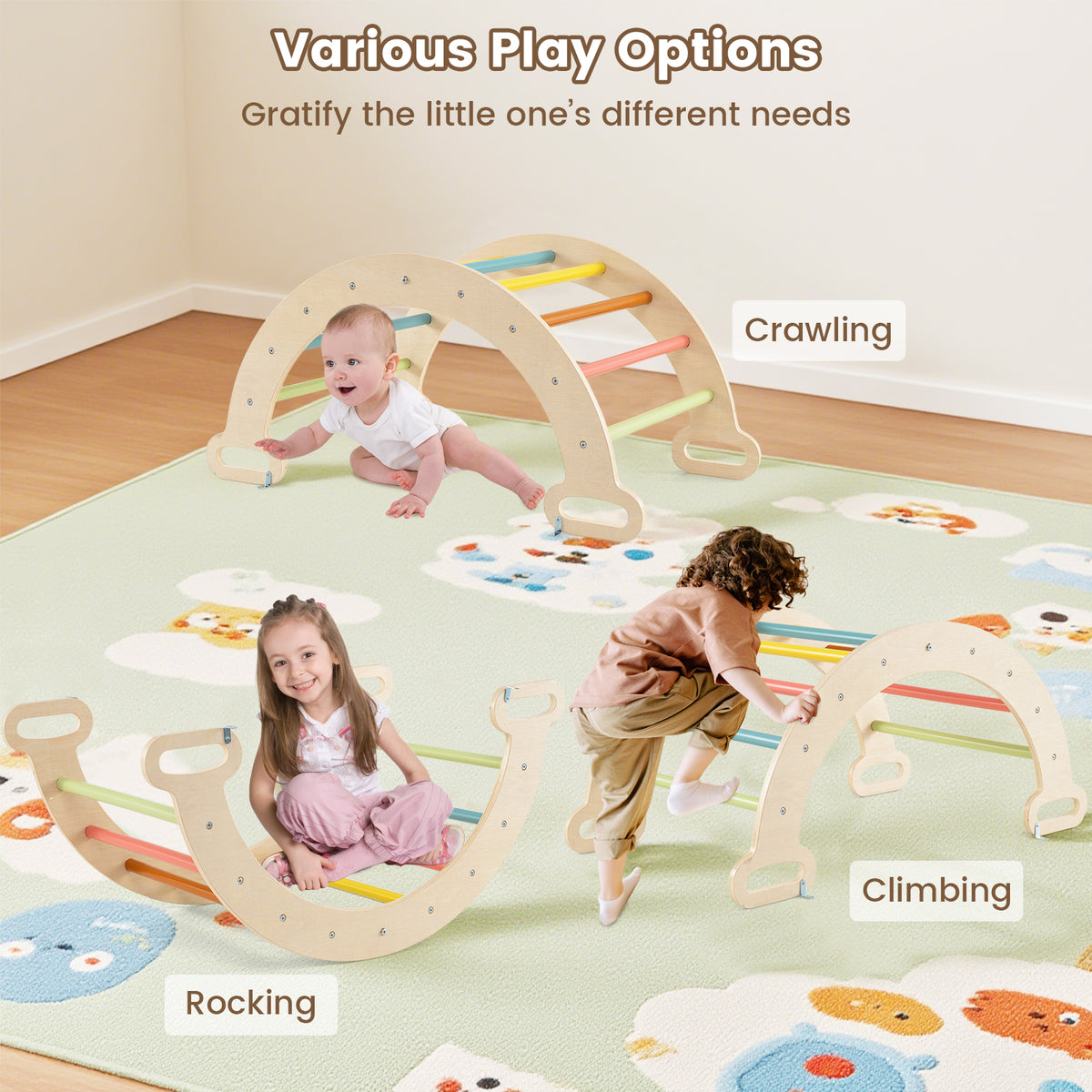 Children using the wooden climbing frame for rocking and climbing