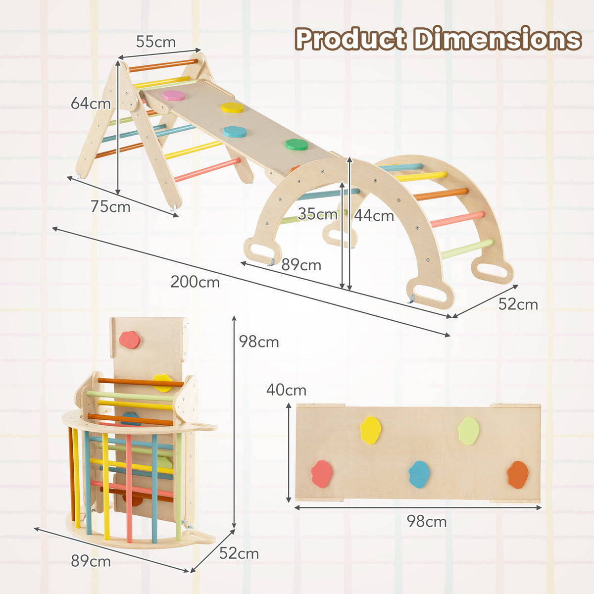 Climbing frame dimensions and size guide with measurements