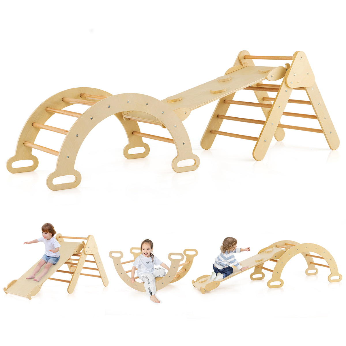 Three wooden climbing frames, a slide, a rocker and an arch ramp