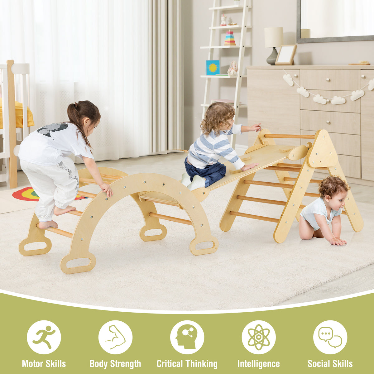 Children developing motor skills and critical thinking on the climbing frame