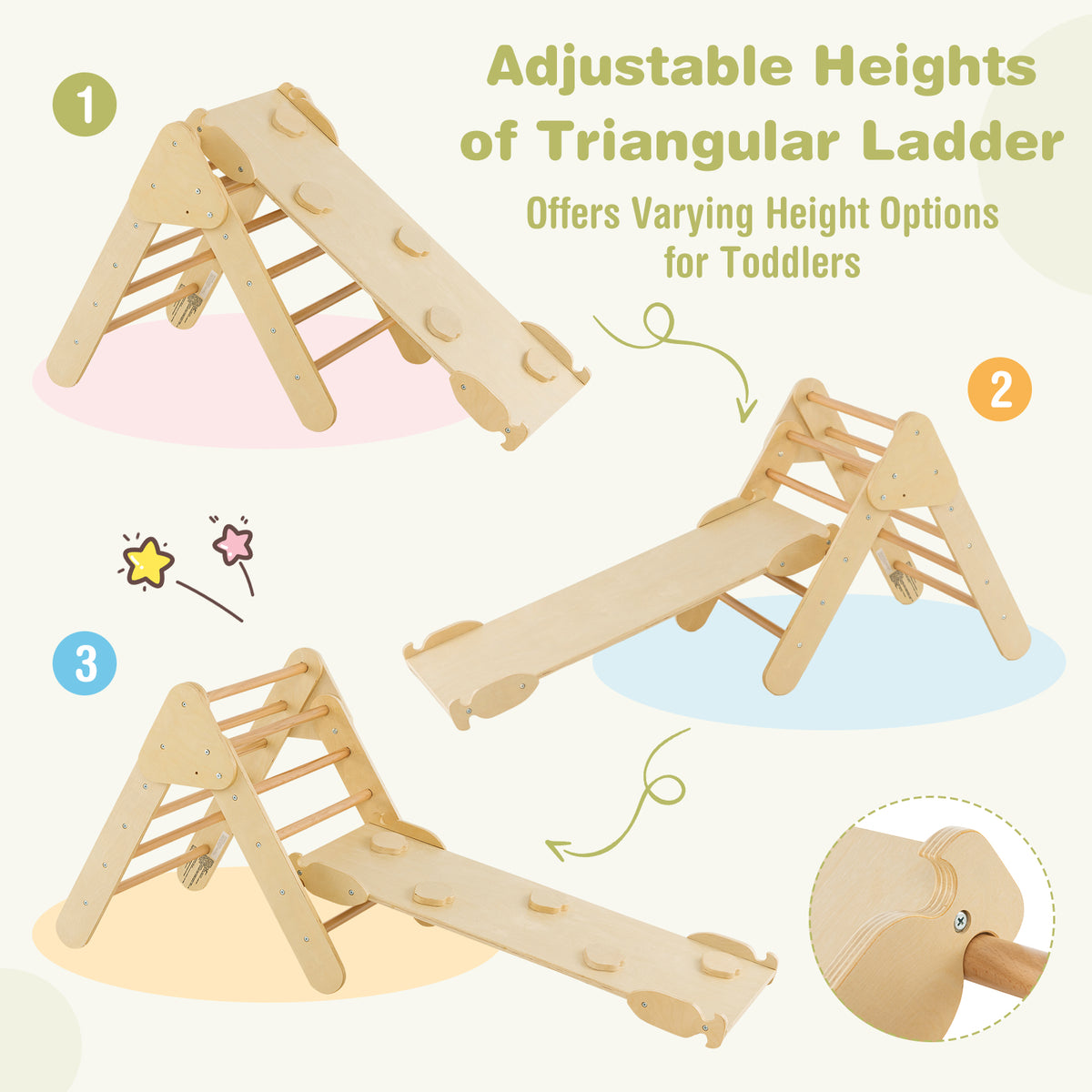 The wooden climbing toy shows three different height options for toddlers