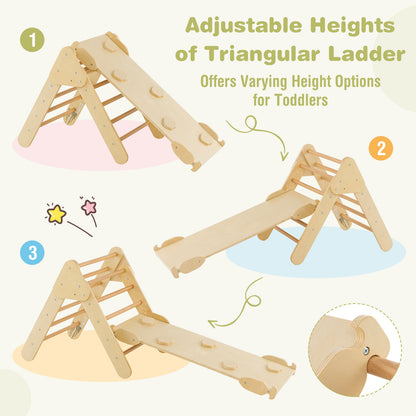 The wooden climbing toy shows three different height options for toddlers