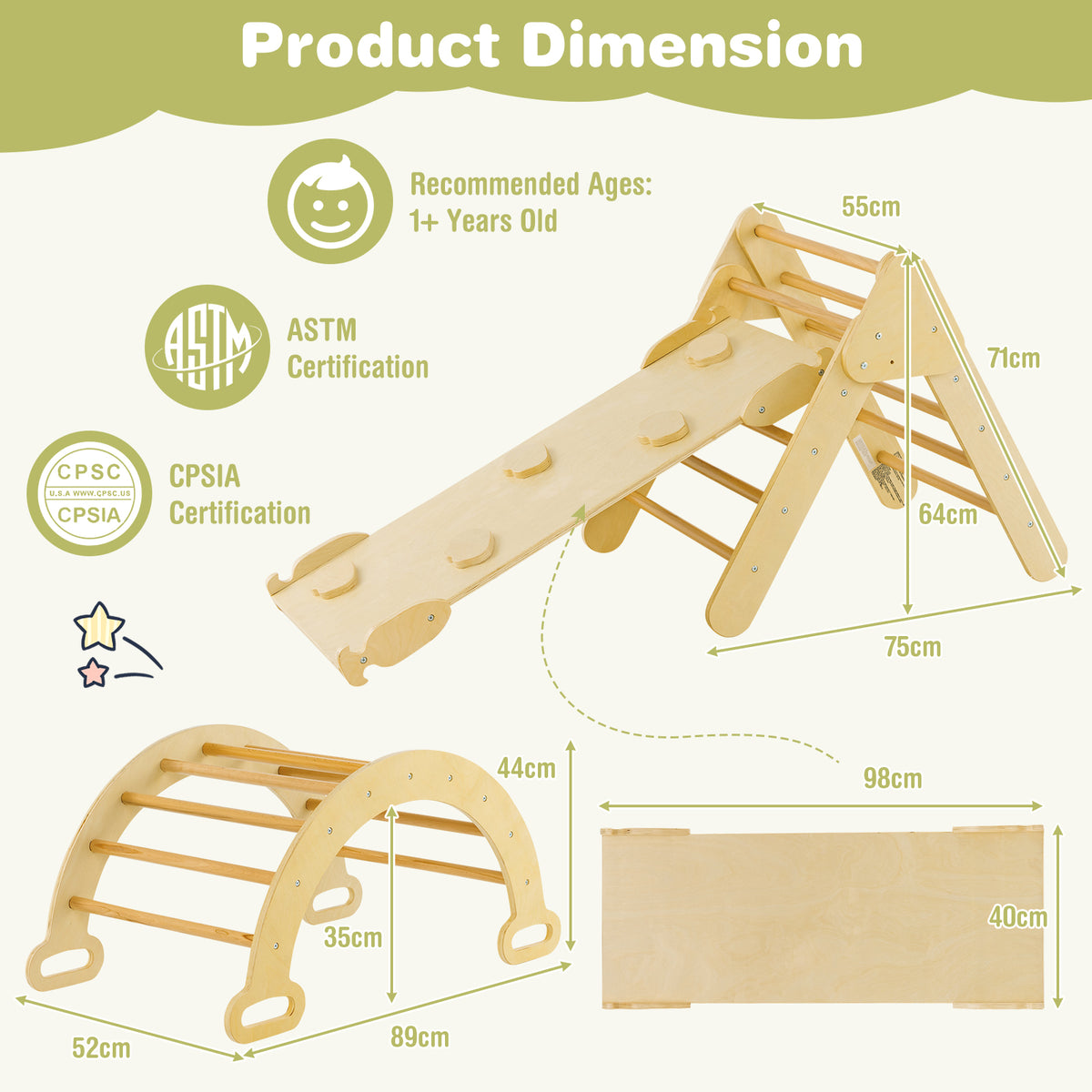 Dimension diagram for the wooden climbing frames and slide