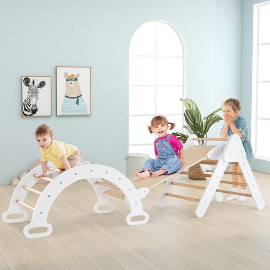 Toddlers playing on the white climbing frame with arch ramp indoors