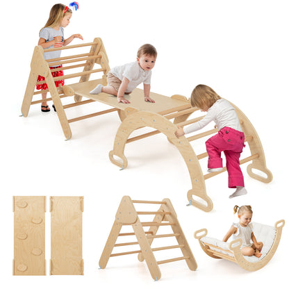 Toddlers enjoying the versatile wooden climbing toy set