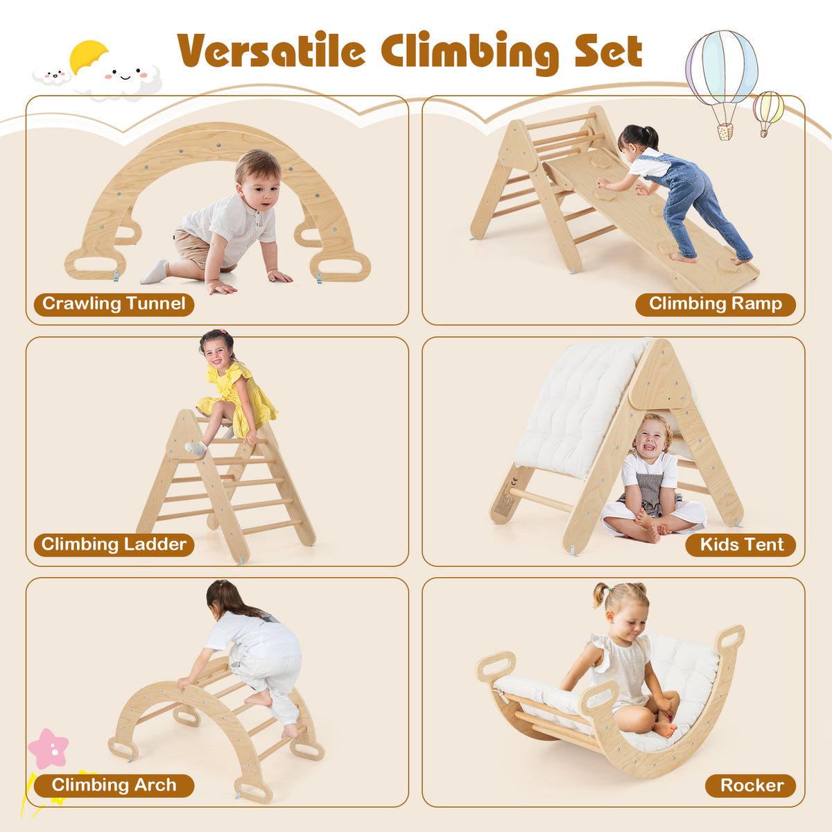 Various configurations of the wooden climbing set for kids