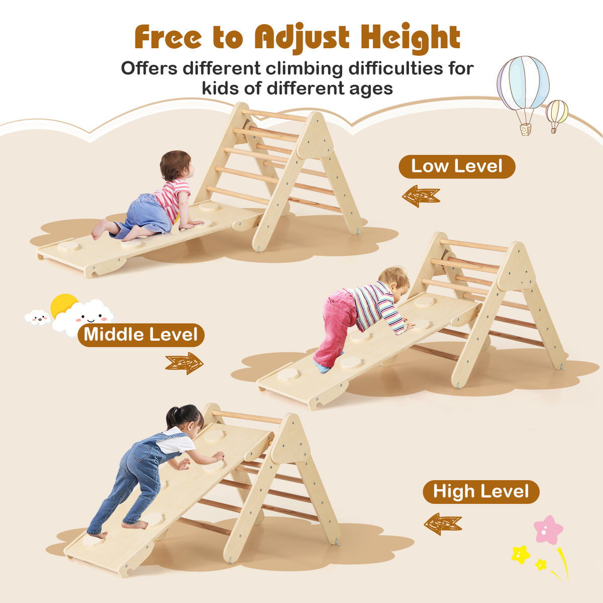 Adjustable height climbing frame for different ages