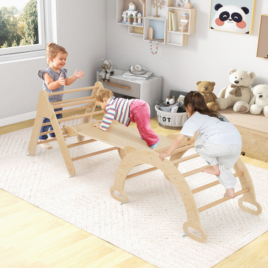 Children playing on the wooden climbing frame in a bright room