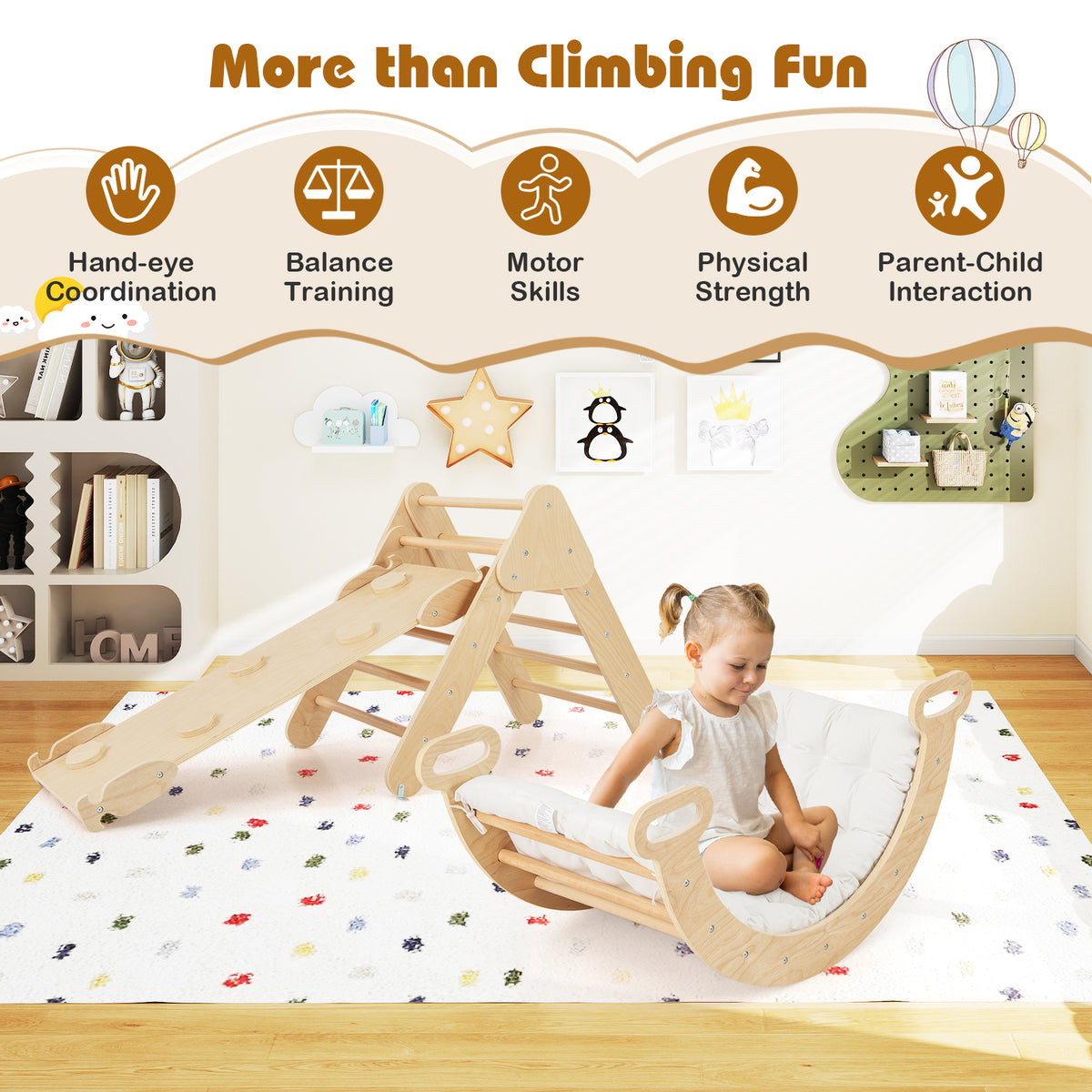Wooden climbing toy set with rocking arch and slide