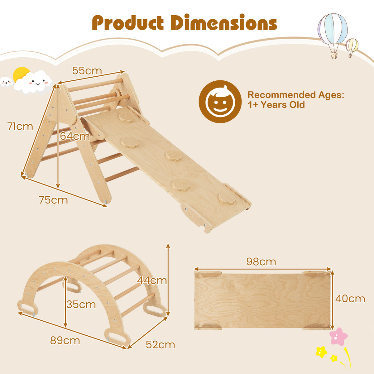 Product dimensions diagram for the wooden climbing frame