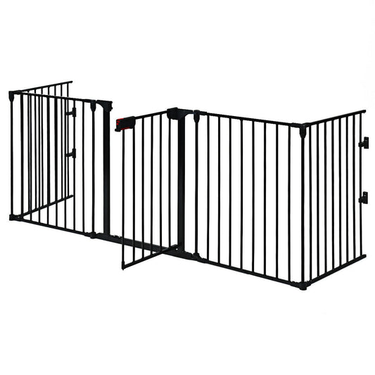5 Panel Baby Safety Playpen Fireplace Barrier Gate Room Divider, a black metal safety gate configured in a wide U-shape