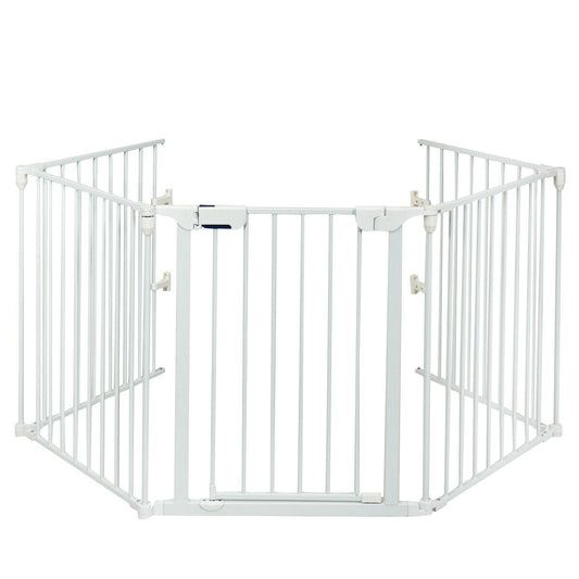5 Panel Baby Safety Playpen Fireplace Barrier Gate Room Divider-White, a white metal playpen with a central gate