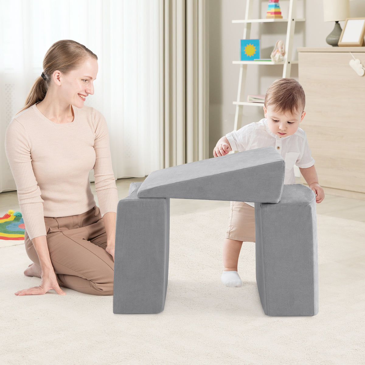 5-Piece Climb and Crawl Playset, the soft play set being used by a toddler and an adult in a bright living room setting