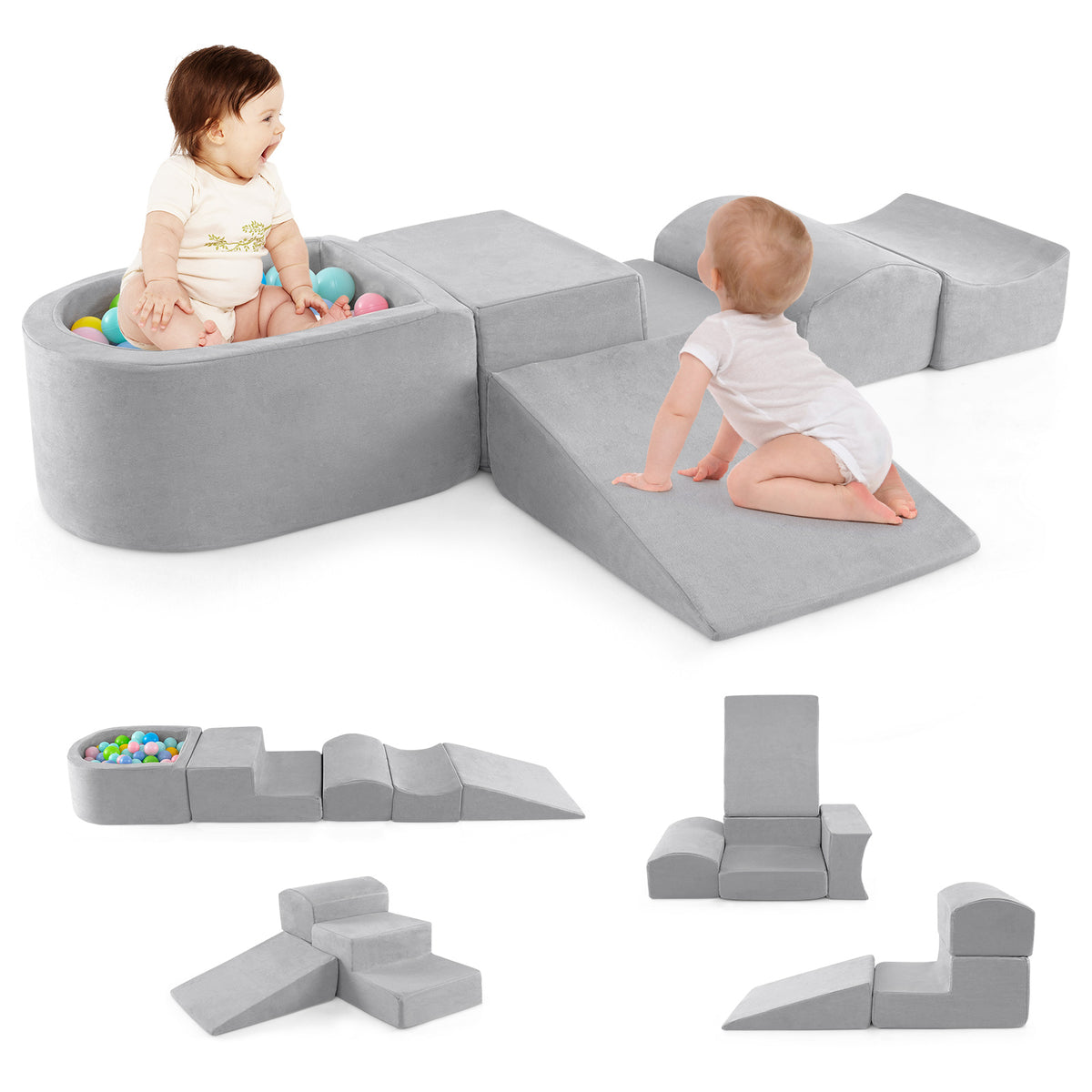 The soft play set arranged in various configurations with a ball pit and foam shapes