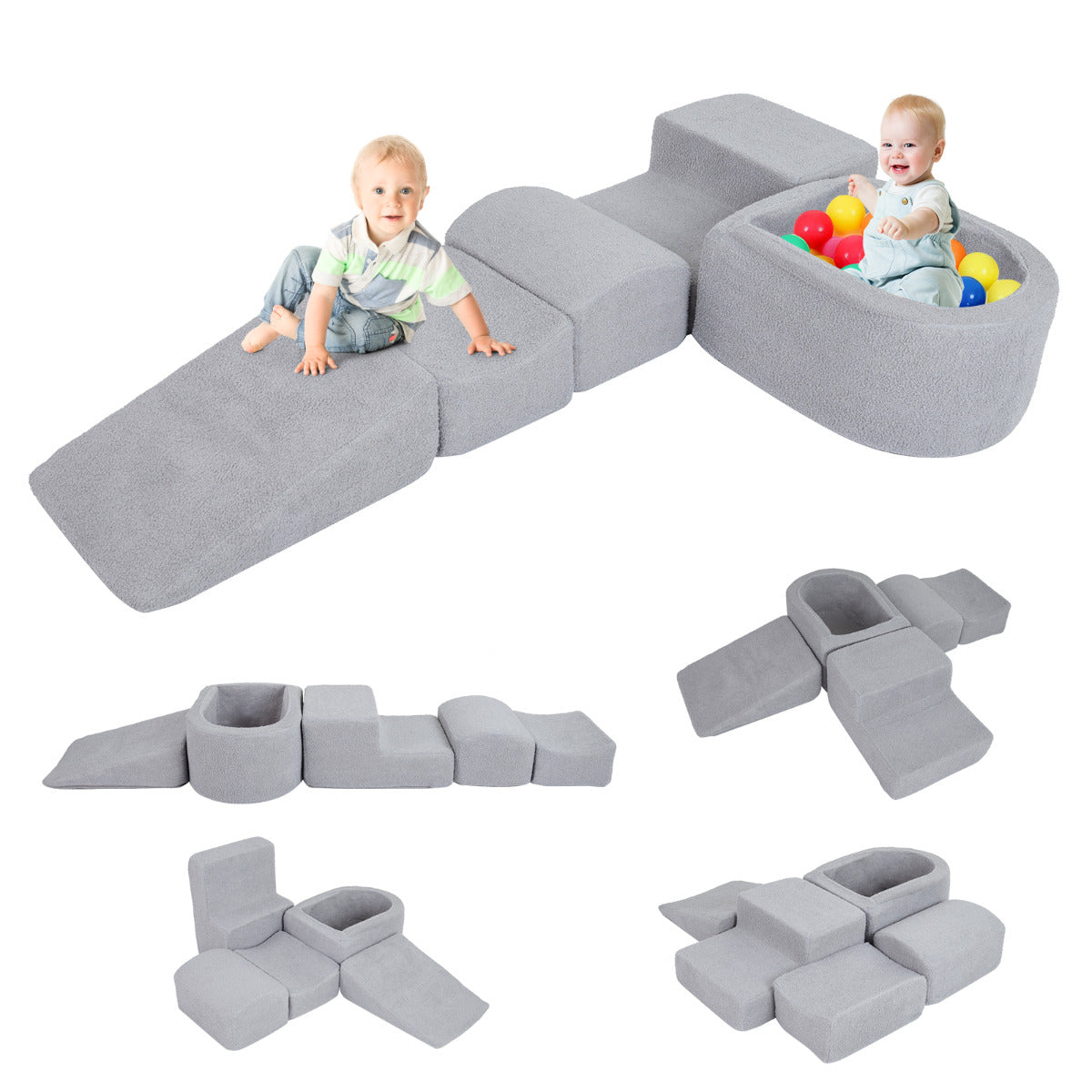 The soft play set shown in two different configurations with colourful balls